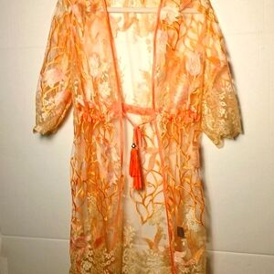 Dolcessa Very Sheer Orange Floral Lacey Swim Coverup With Tassel Ties NWOT WOW!